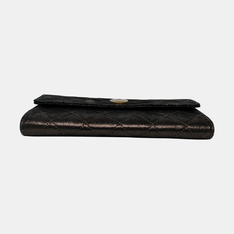 CHANEL深灰色牛皮菱格紋絎縫錢包金色五金18開-5