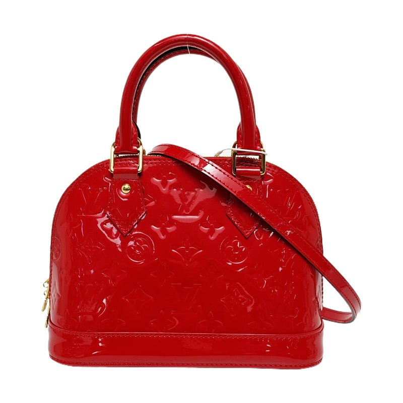 LOUIS VUITTON ALMA BB 紅色漆皮老花壓紋貝殼包單肩包手提包 金色五金 可拆卸肩帶 9.8新-0