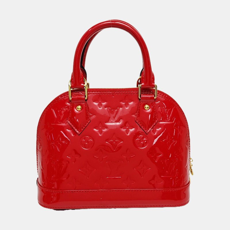 LOUIS VUITTON ALMA BB 紅色漆皮老花壓紋貝殼包單肩包手提包 金色五金 可拆卸肩帶 9.8新-4