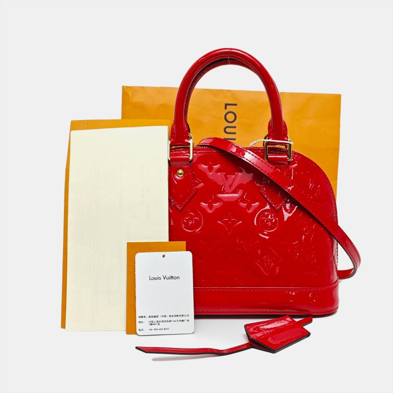 LOUIS VUITTON ALMA BB 紅色漆皮老花壓紋貝殼包單肩包手提包 金色五金 可拆卸肩帶 9.8新-7