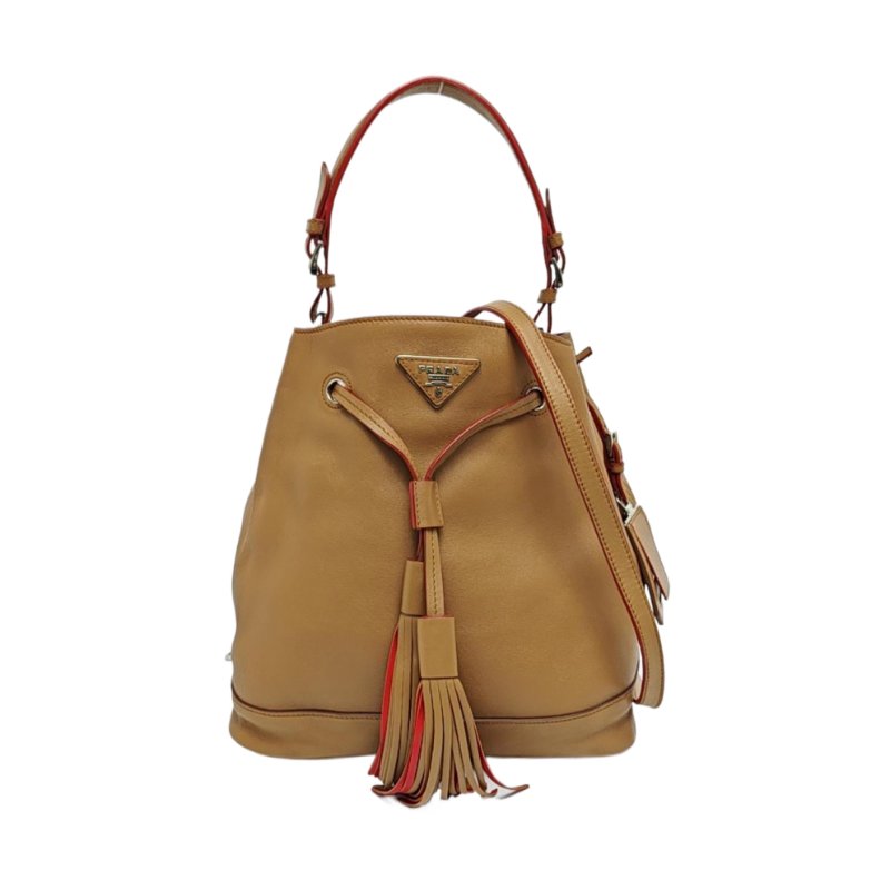 PRADA水桶包棕色牛皮徽標流蘇單肩包手提包斜挎包銀色五金2條可拆卸肩帶-0