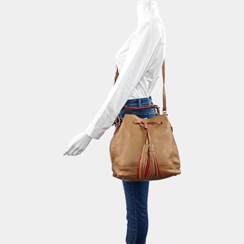 PRADA水桶包棕色牛皮徽標流蘇單肩包手提包斜挎包銀色五金2條可拆卸肩帶-1