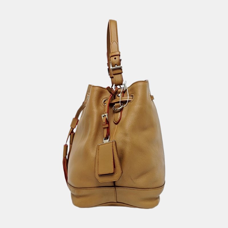 PRADA水桶包棕色牛皮徽標流蘇單肩包手提包斜挎包銀色五金2條可拆卸肩帶-2