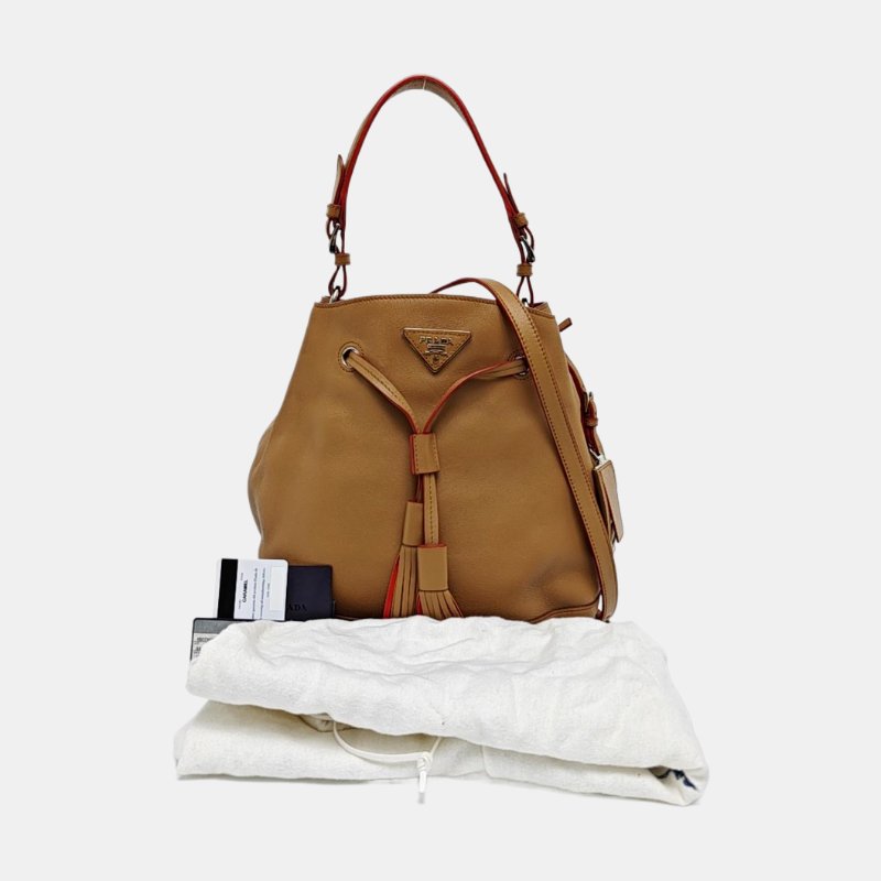 PRADA水桶包棕色牛皮徽標流蘇單肩包手提包斜挎包銀色五金2條可拆卸肩帶-7