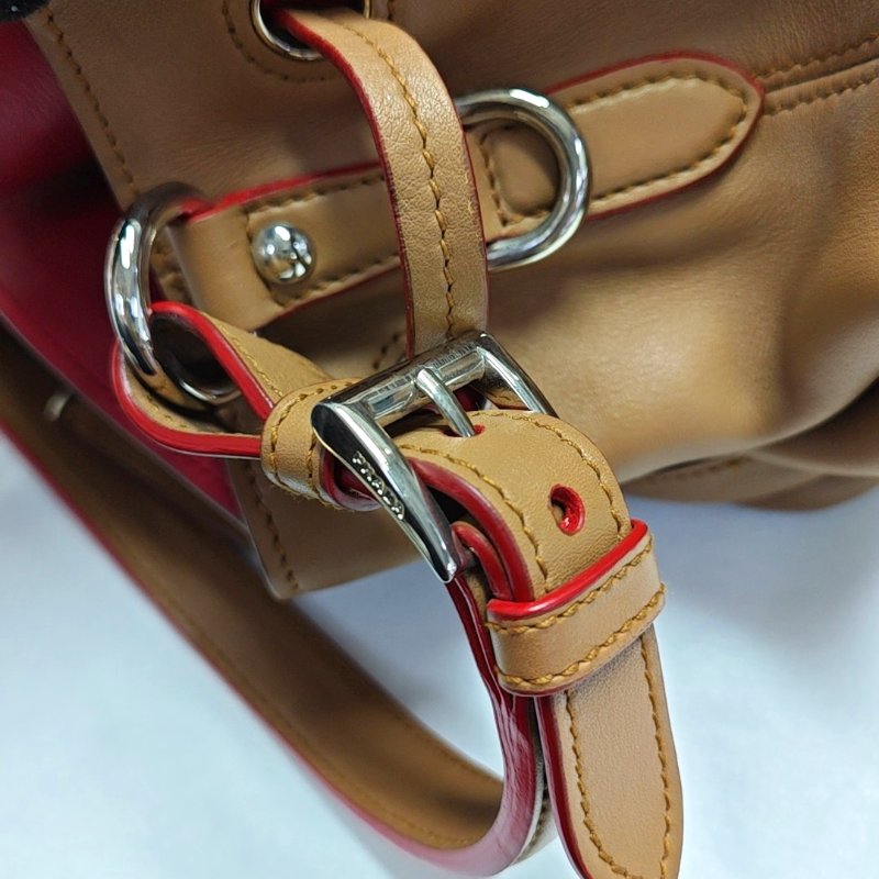 PRADA水桶包棕色牛皮徽標流蘇單肩包手提包斜挎包銀色五金2條可拆卸肩帶-8