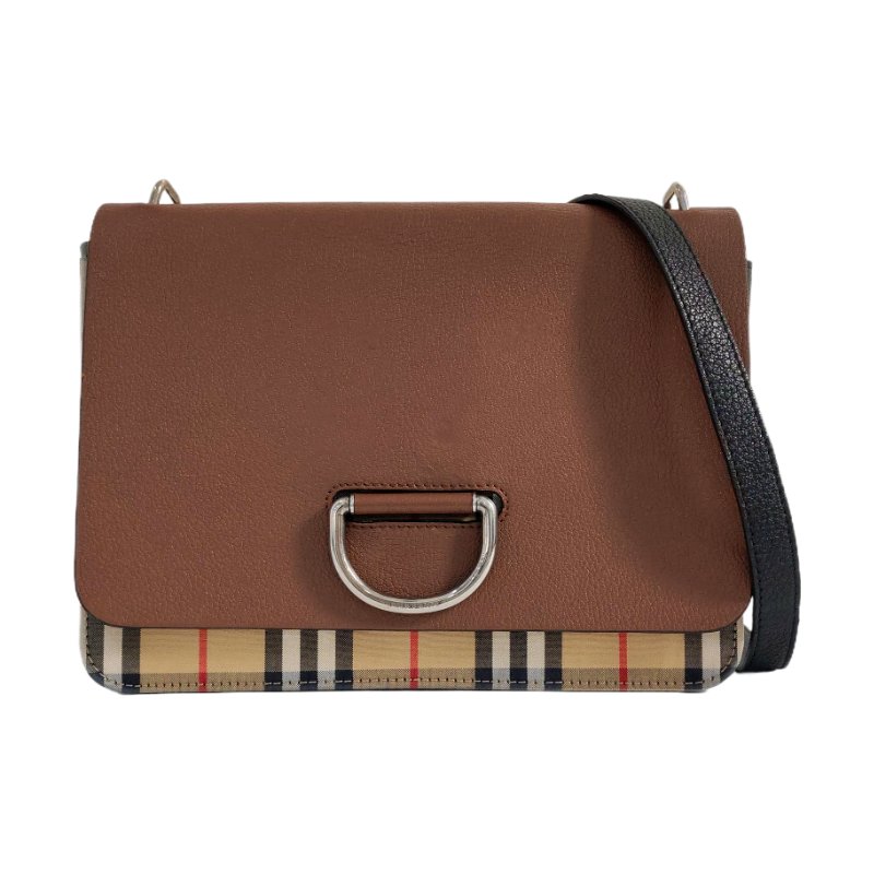 BURBERRY D-Ring棕色牛皮單肩包斜挎包銀色五金可拆卸肩帶-0