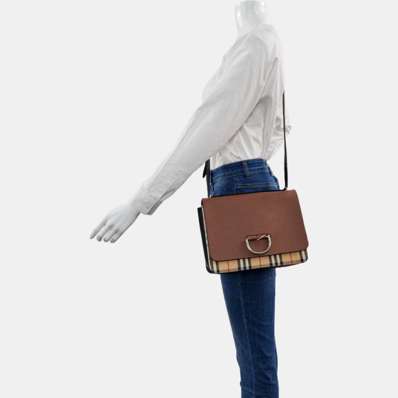 BURBERRY D-Ring棕色牛皮單肩包斜挎包銀色五金可拆卸肩帶-1