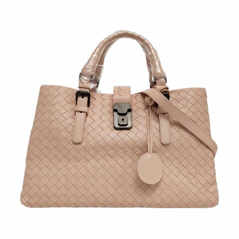 BOTTEGA VENETA Roma淺粉色牛皮編織單肩包斜挎包手提包黑色五金3條可拆卸肩帶9.8新