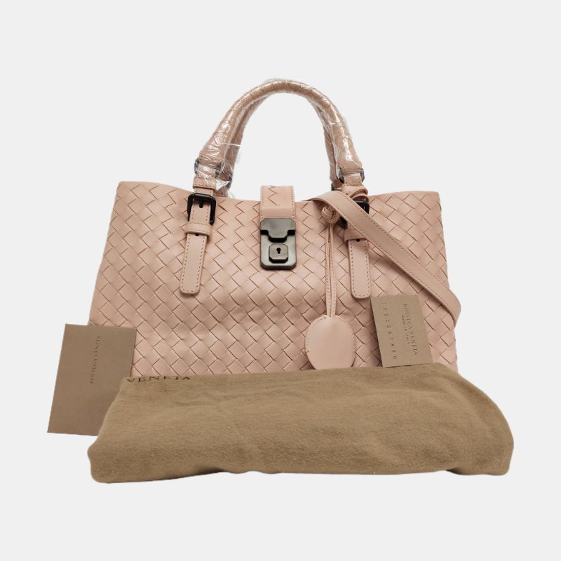 BOTTEGA VENETA Roma淺粉色牛皮編織單肩包斜挎包手提包黑色五金3條可拆卸肩帶9.8新-7