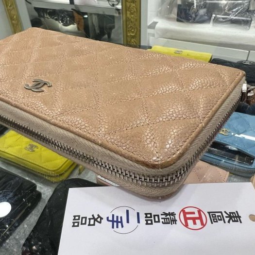 東區正精品㊣CHANEL 香奈兒駝色荔枝牛皮銀釦ㄇ字拉鍊長夾 RZ5648-3