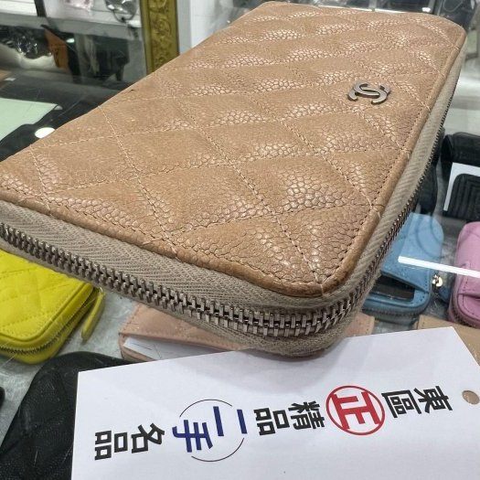 東區正精品㊣CHANEL 香奈兒駝色荔枝牛皮銀釦ㄇ字拉鍊長夾 RZ5648-4