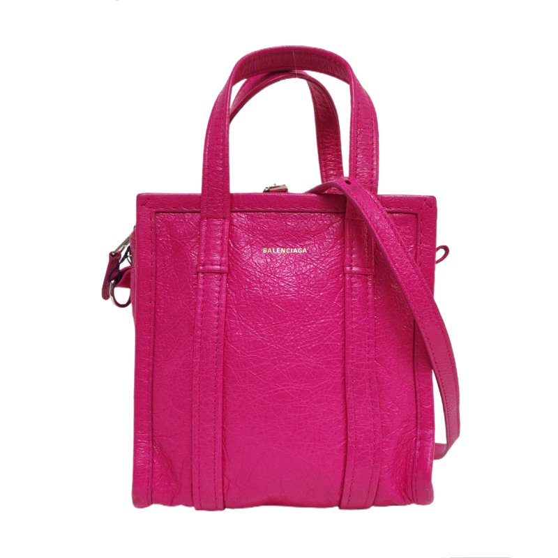 BALENCIAGA Bazar玫紅色牛皮單肩包手提包斜挎包銀色五金可拆卸肩帶-0