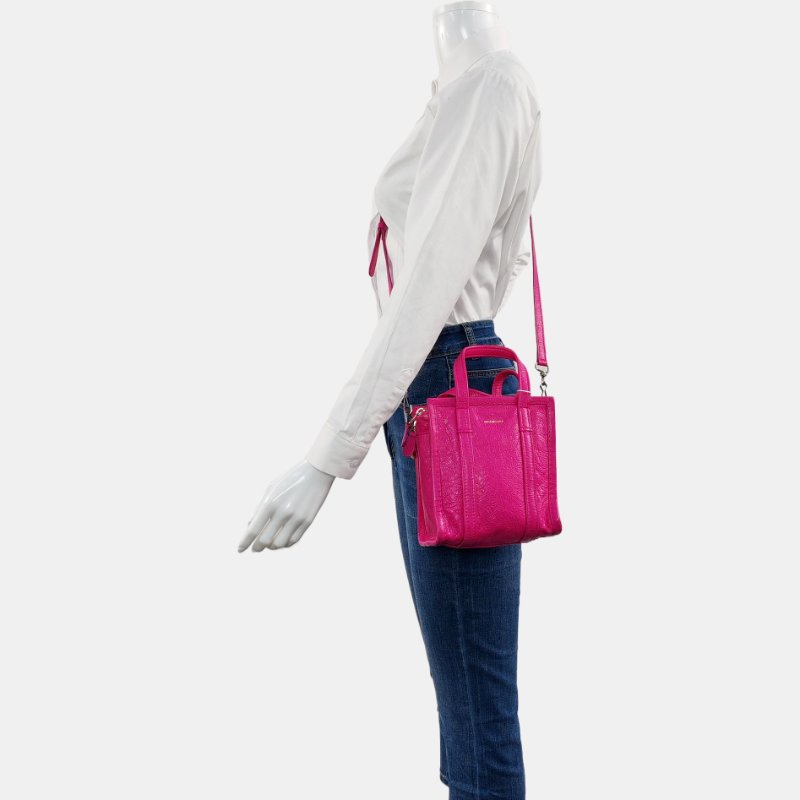 BALENCIAGA Bazar玫紅色牛皮單肩包手提包斜挎包銀色五金可拆卸肩帶-1