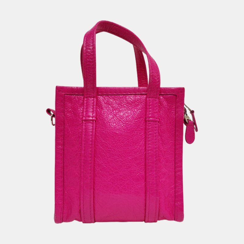 BALENCIAGA Bazar玫紅色牛皮單肩包手提包斜挎包銀色五金可拆卸肩帶-4