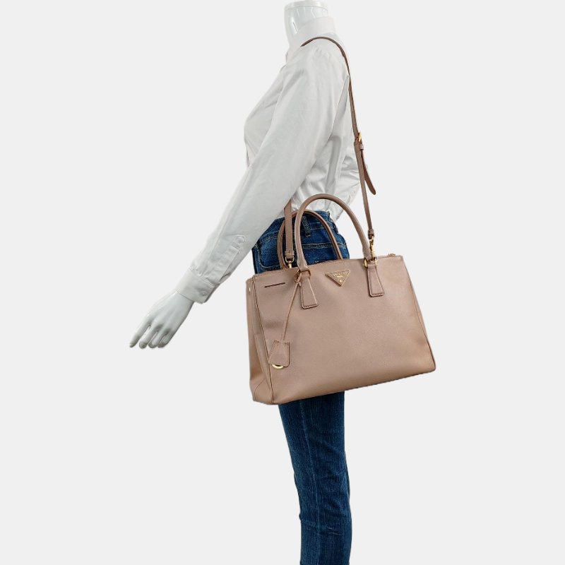 PRADA Galleria大號粉色牛皮徽標十字紋單肩包斜挎包手提包金色五金可拆卸肩帶-1