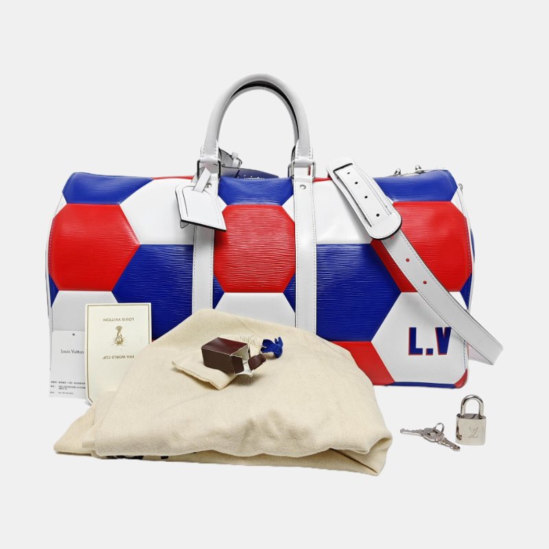 LOUIS VUITTON KEEPALL 50拼色牛皮單肩包手提包斜挎包銀色五金可拆卸肩帶-7