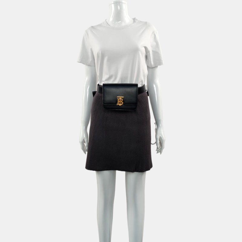 BURBERRYTB迷你黑色牛皮腰包腰包/胸包金色五金可拆卸肩帶-1