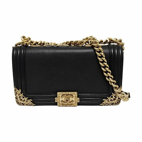 CHANEL BOY CHANEL黑色牛皮單肩包手提包斜挎包金色五金17開可拆卸肩帶 9.8新