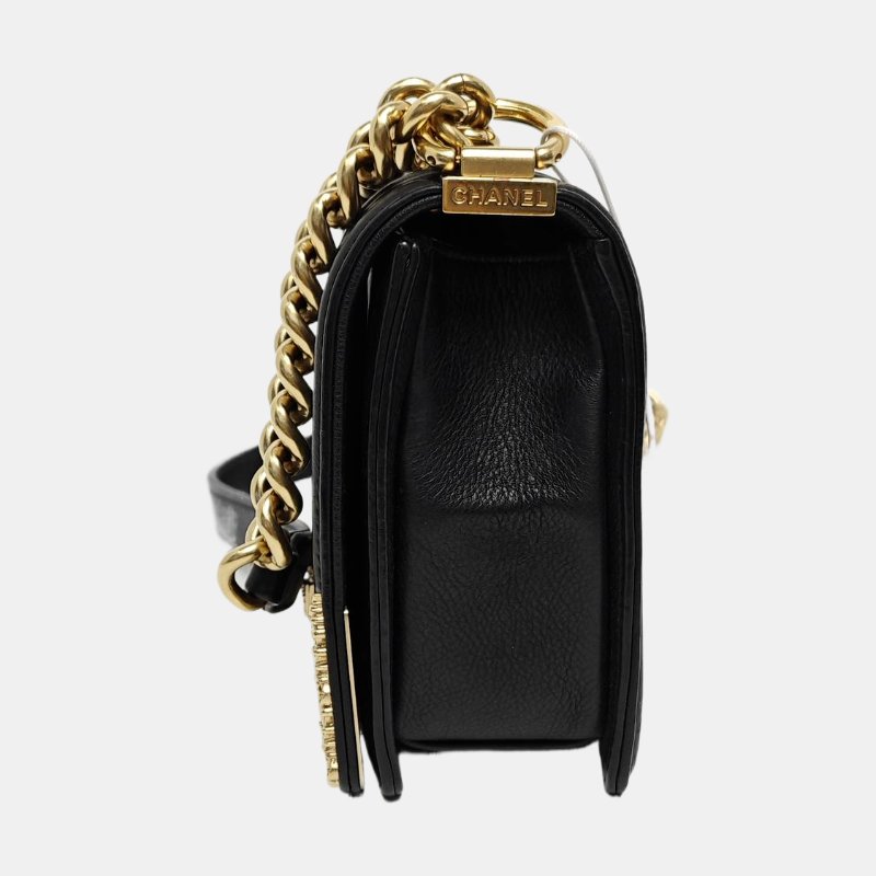CHANEL BOY CHANEL黑色牛皮單肩包手提包斜挎包金色五金17開可拆卸肩帶 9.8新-2