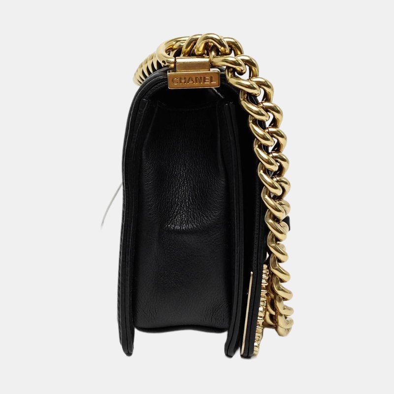 CHANEL BOY CHANEL黑色牛皮單肩包手提包斜挎包金色五金17開可拆卸肩帶 9.8新-3