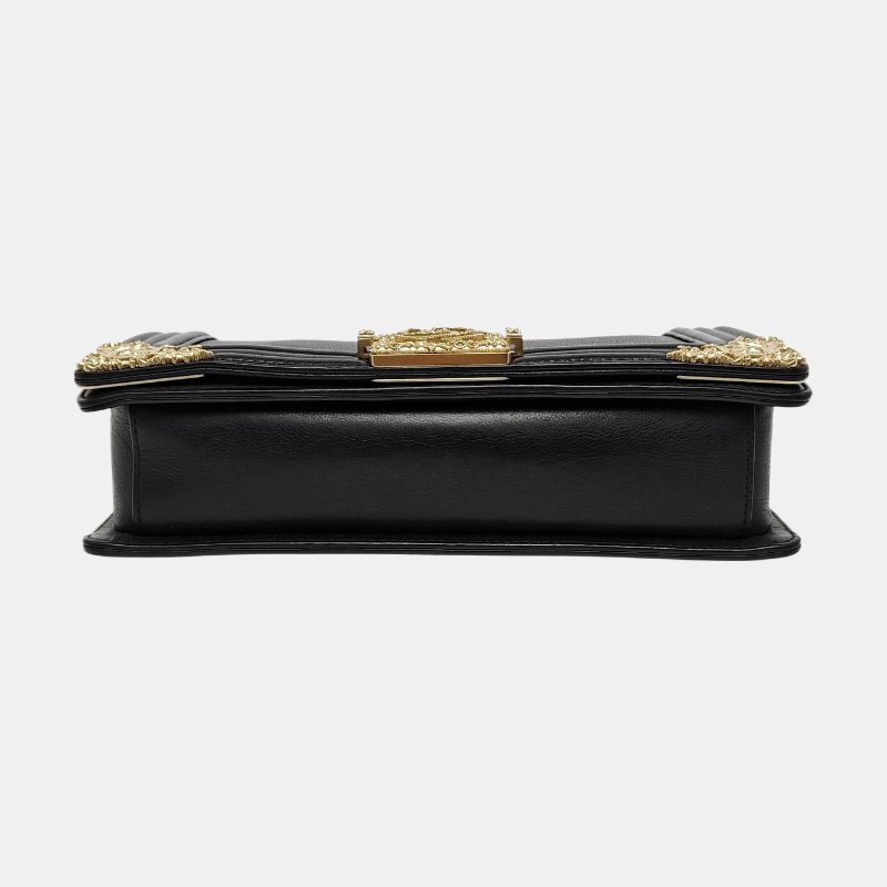 CHANEL BOY CHANEL黑色牛皮單肩包手提包斜挎包金色五金17開可拆卸肩帶 9.8新-5