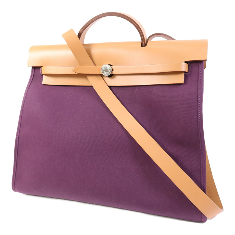 HERMES 帆布Herbag MM銀扣手挽肩背兩用袋Anemone/Gold-2