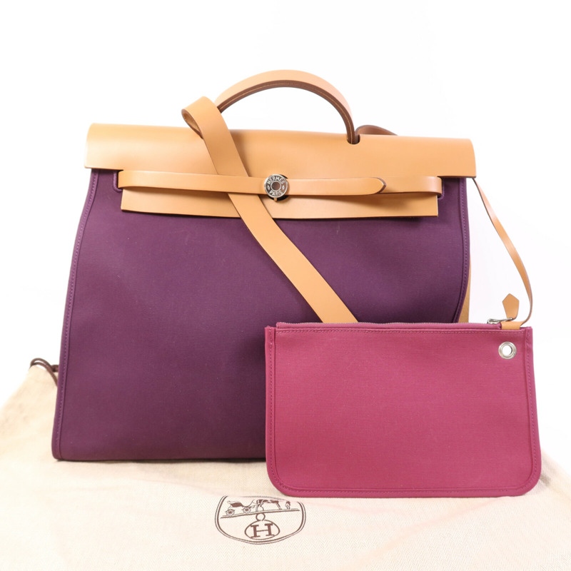 HERMES 帆布Herbag MM銀扣手挽肩背兩用袋Anemone/Gold-8