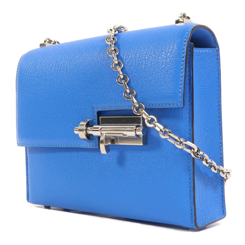 HERMES Chevre皮革Verrou Mini銀扣鏈帶肩背袋Bleu Hydra-2