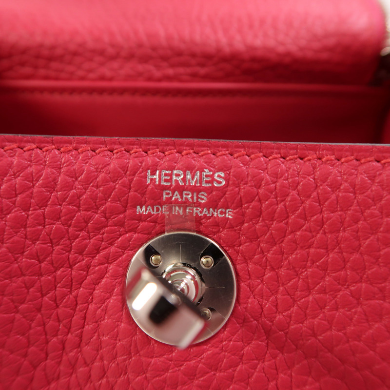 HERMES Clemence皮革Mini Lindy銀扣手挽肩背兩用袋Rose Extreme-7
