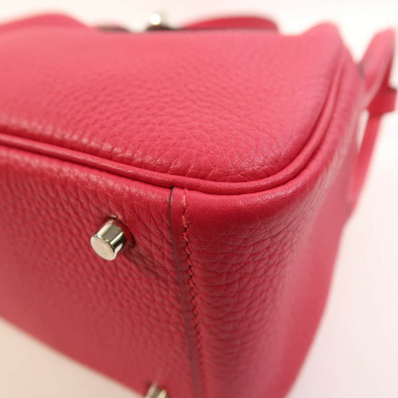 HERMES Clemence皮革Mini Lindy銀扣手挽肩背兩用袋Rose Extreme-11