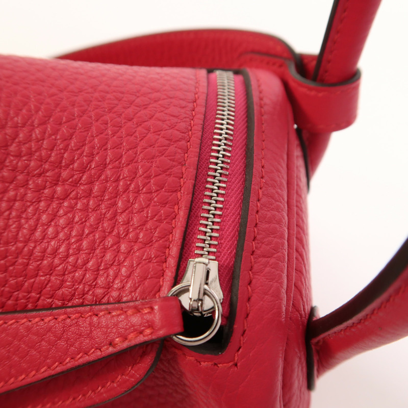 HERMES Clemence皮革Mini Lindy銀扣手挽肩背兩用袋Rose Extreme-17