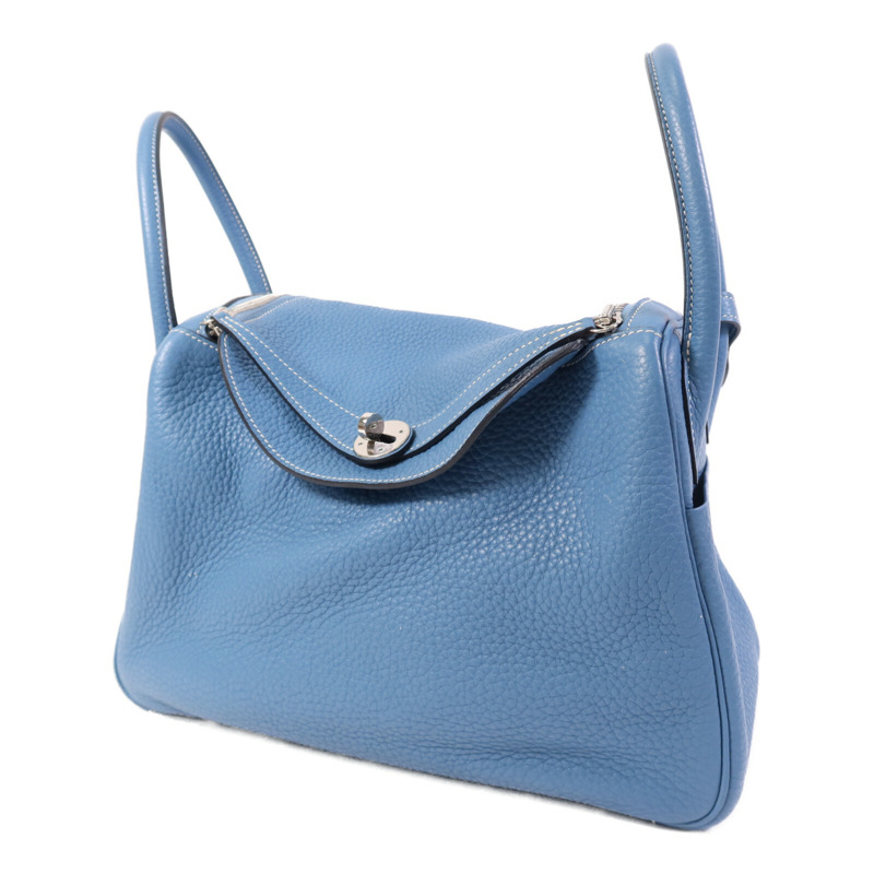 HERMES Clemence皮革Lindy 30銀扣手挽肩背兩用袋Bleu Jean-2