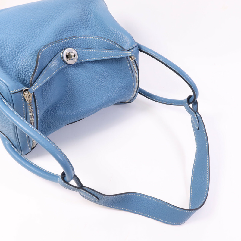 HERMES Clemence皮革Lindy 30銀扣手挽肩背兩用袋Bleu Jean-12