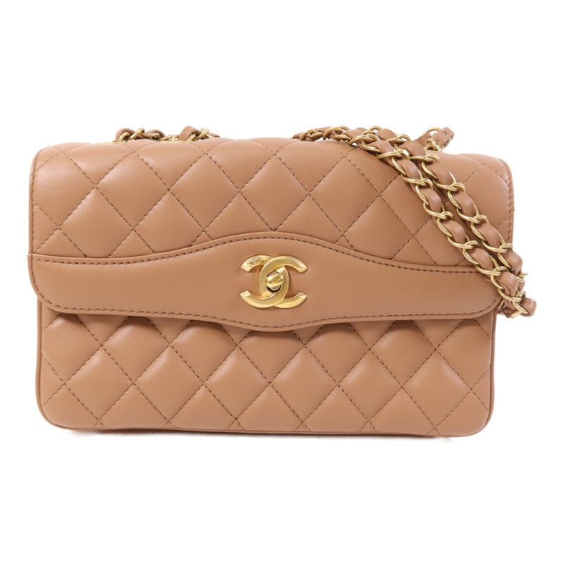 CHANEL 羊皮皮革金扣肩背袋 杏色-0