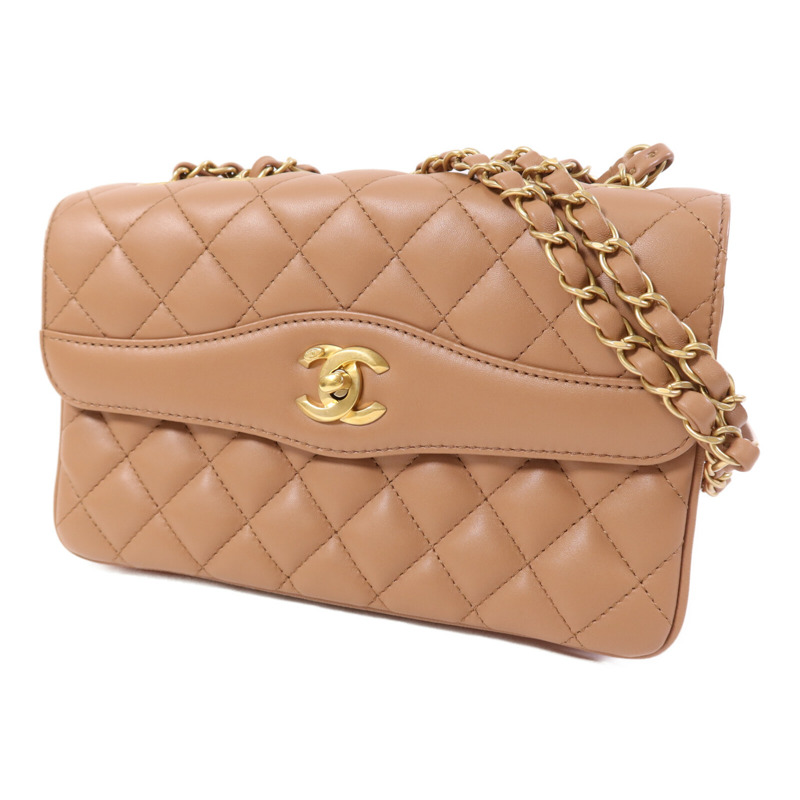 CHANEL 羊皮皮革金扣肩背袋 杏色-2