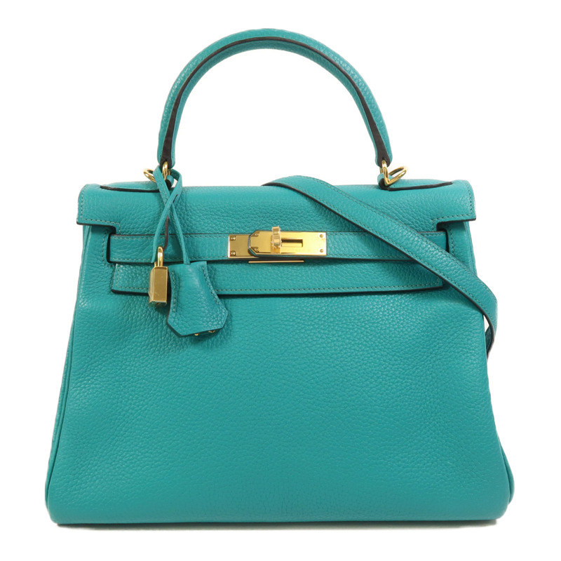 HERMES Togo皮革Kelly 28金扣手挽肩背兩用袋Bleu Paon-0