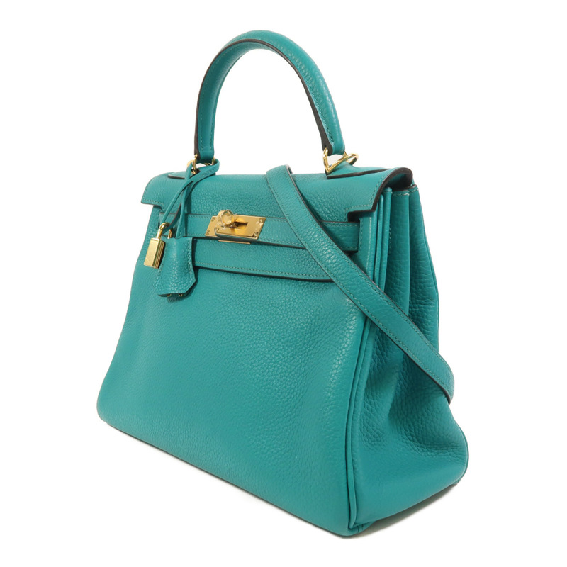 HERMES Togo皮革Kelly 28金扣手挽肩背兩用袋Bleu Paon-2