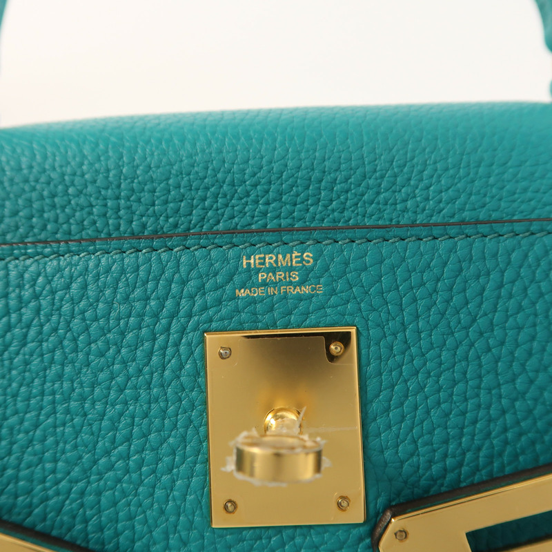 HERMES Togo皮革Kelly 28金扣手挽肩背兩用袋Bleu Paon-5