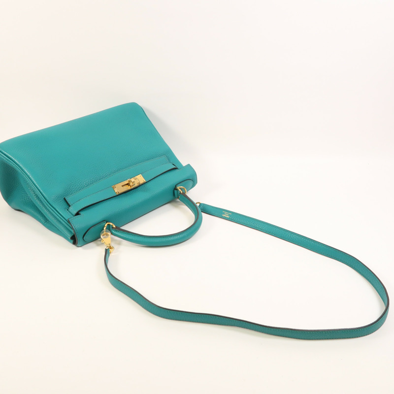 HERMES Togo皮革Kelly 28金扣手挽肩背兩用袋Bleu Paon-7