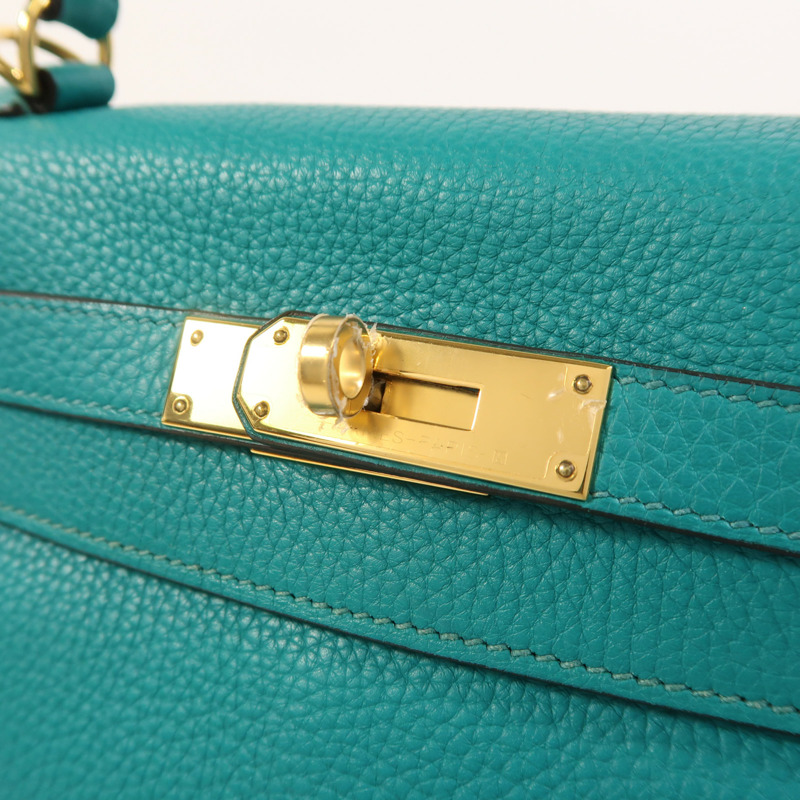 HERMES Togo皮革Kelly 28金扣手挽肩背兩用袋Bleu Paon-9
