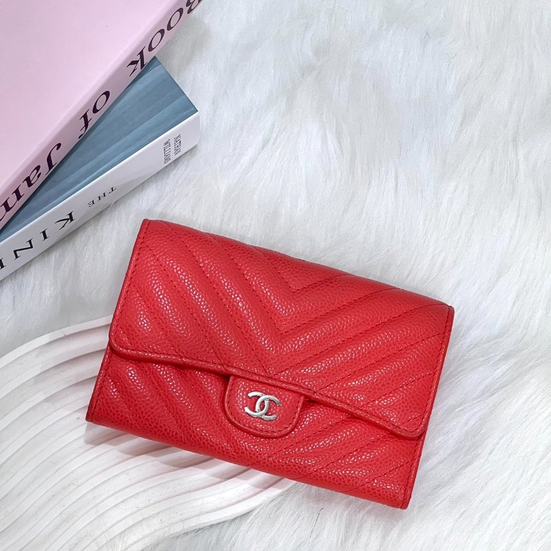 CHANEL CF荔枝皮山型紋中夾 紅銀扣 27開-0