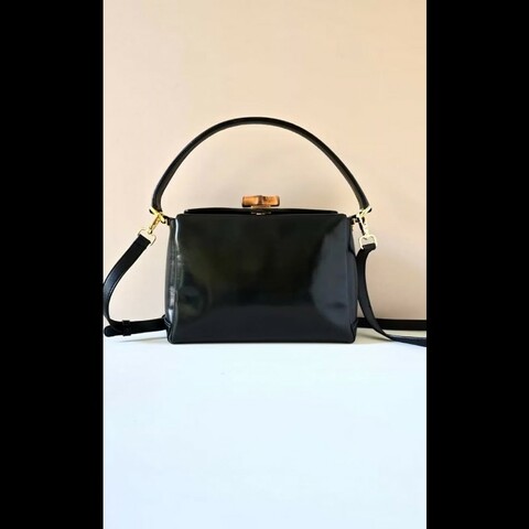 【LA LUNE】中古二手GUCCI黑色竹節皮革古董盒子單肩包 側背包 斜背包 復古包