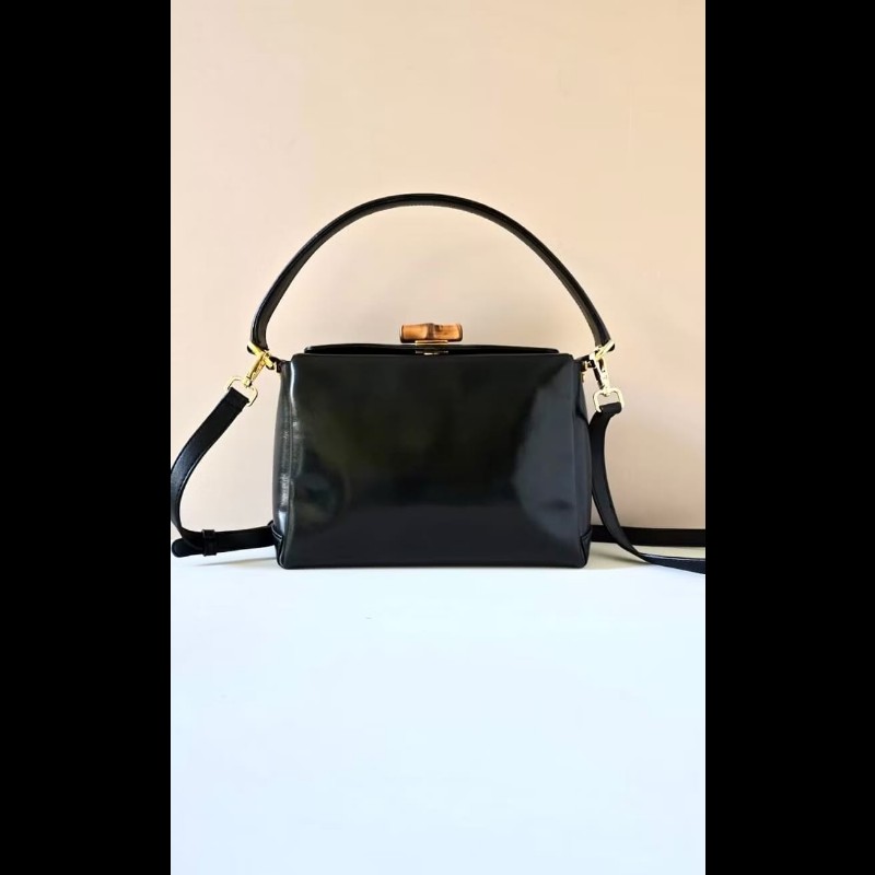 【LA LUNE】中古二手GUCCI黑色竹節皮革古董盒子單肩包 側背包 斜背包 復古包-0