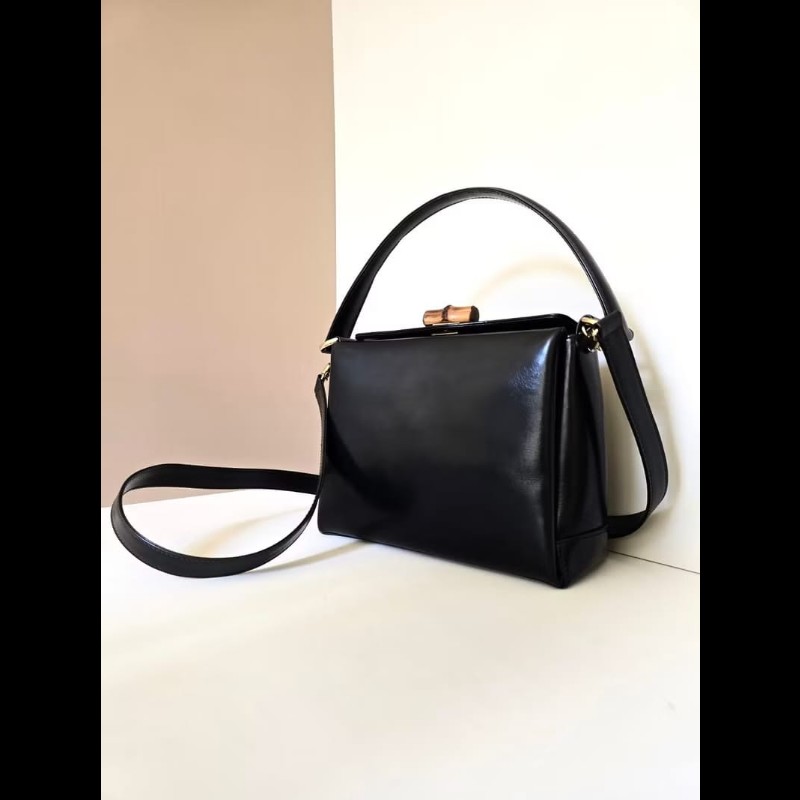 【LA LUNE】中古二手GUCCI黑色竹節皮革古董盒子單肩包 側背包 斜背包 復古包-2