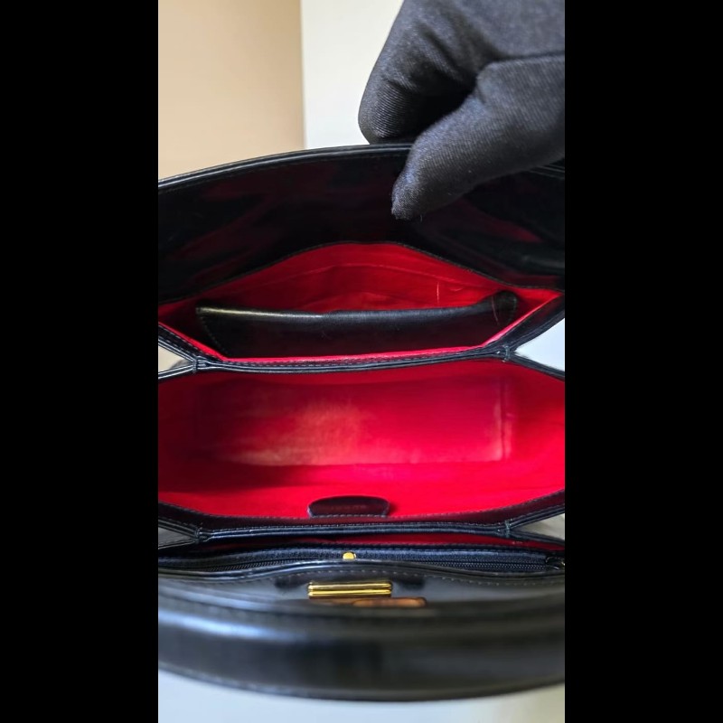 【LA LUNE】中古二手GUCCI黑色竹節皮革古董盒子單肩包 側背包 斜背包 復古包-6