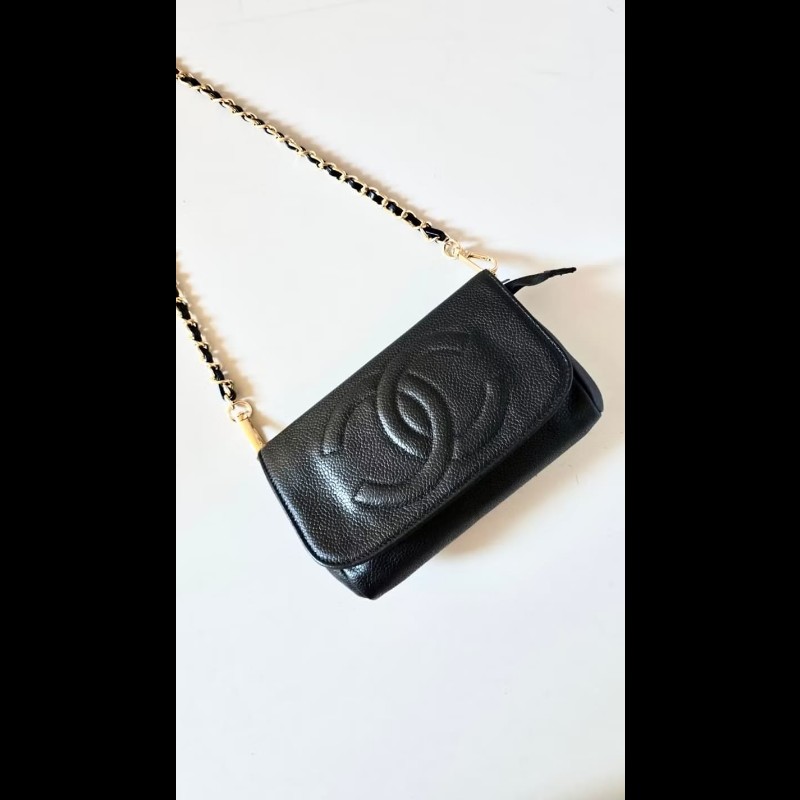 【LA LUNE】中古包 Chanel連鏡子黑金魚子醬皮革包 側背包 斜背包 二手古董包-0