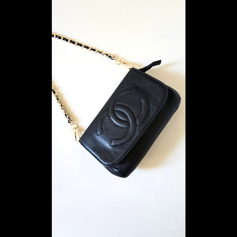 【LA LUNE】中古包 Chanel連鏡子黑金魚子醬皮革包 側背包 斜背包 二手古董包-8