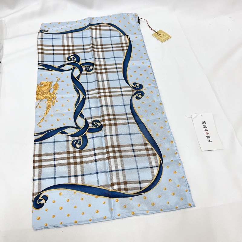 莉亞精品♡ Burberry 水藍戰馬絲巾二手美品-2