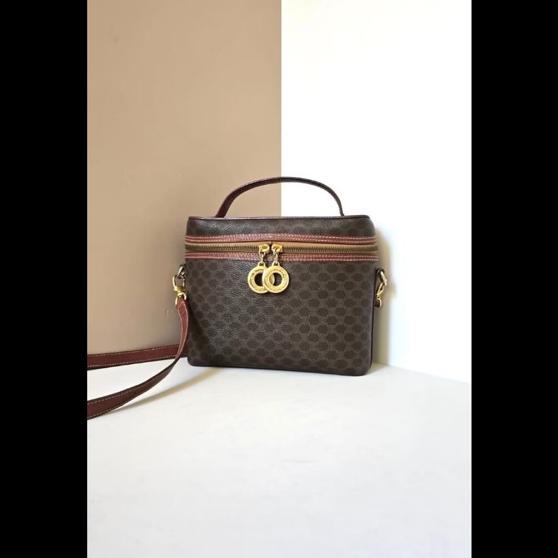 絕版古董包 Celine咖啡色老花甜甜圈盒子包 斜背包 側背包 單肩包-0