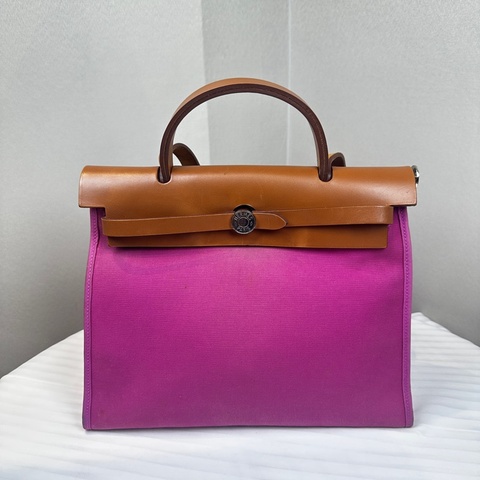 愛馬仕/Hermes Herbag 31 Hunter牛皮拼玫瑰紫帆布銀扣31x10x24cm